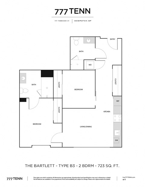 Floor plan for 1 bed, 2 baths, 732 sqft